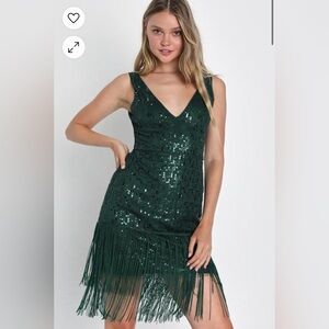More Than Iconic Emerald Green Sequin Fringe Mini Dress